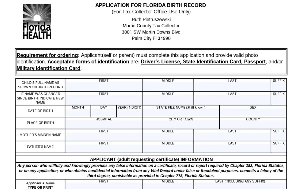 A screenshot of the form that is used to obtain birth document in Martin County.