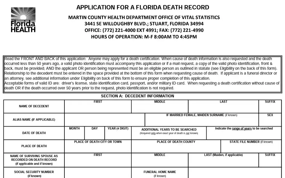 A screenshot of the form that is used to obtain death document in Martin County.