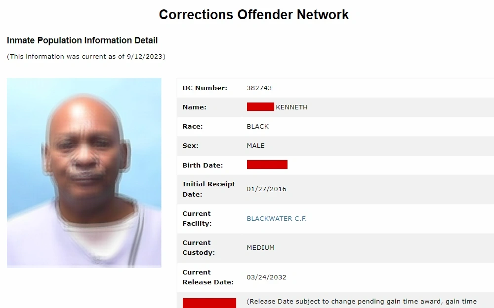 A screenshot of the free offender search that displays all current and released inmates along with their criminal convictions.