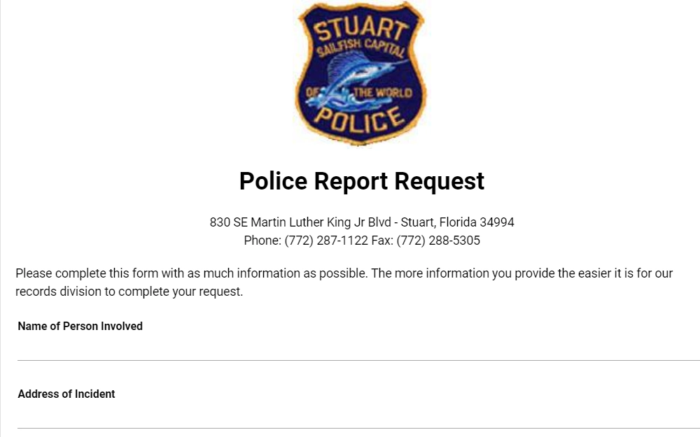 A screenshot of the form Stuart Police Department offers to request police reports online by filling out a form and sending it to them.