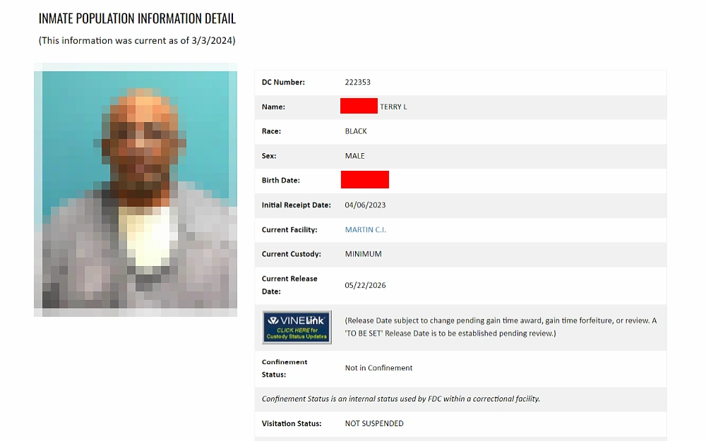 A screenshot showing an inmate population details information such as DC number, name, race, sex, birth date, initial receipt date, current facility and custody, release date and confinement status.