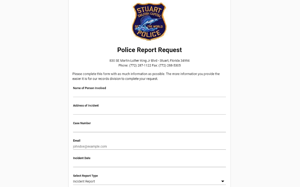 A screenshot displaying a police report request form with details to fill out, such as the name of the person involved, address of incident, case number, email address, incident date and report type selection.