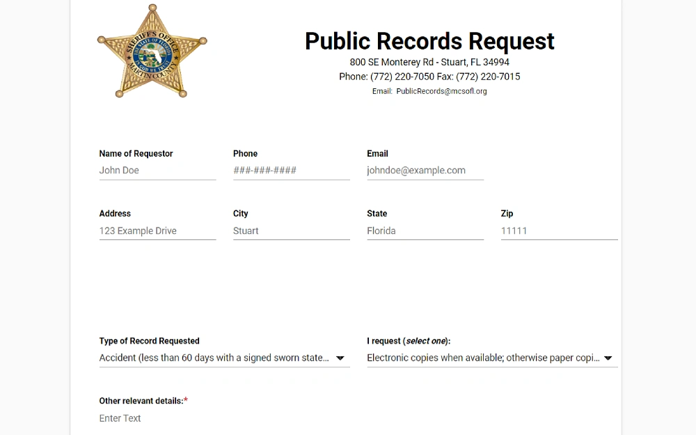 A screenshot showing a public record request with information to fill out, such as the name of the requestor, phone number, email address, address, city, state, zip code, and type of record requested.