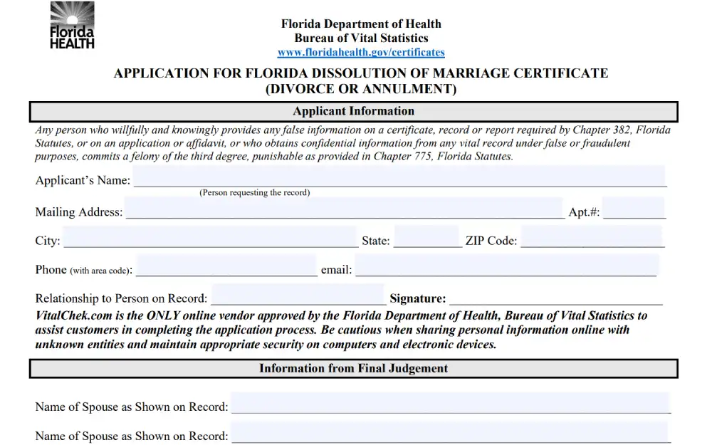 A screenshot of an application form from the Florida Department of Health for obtaining a certificate of dissolution of marriage, requiring the applicant's information and details from the final judgment.
