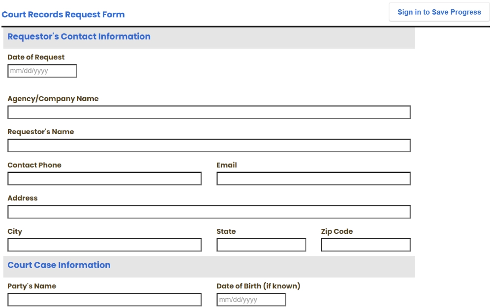 A screenshot of an online form from the Martin County Clerk of the Circuit Court & Comptroller titled 'Court Records Request Form' with fields for the requester's contact information, date of request, and details about the court case, including the party's name and date of birth.