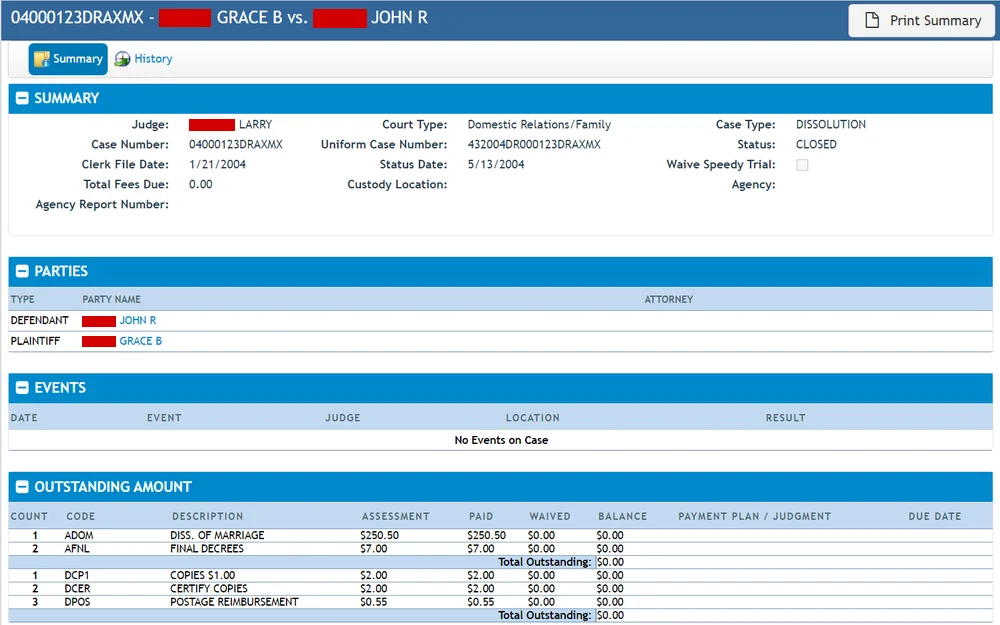 A screenshot from the Martin County Clerk of the Circuit Court & Comptroller shows a case summary including the judge's name, case number, type, status, parties involved, events, and a financial statement with fees related to dissolution and document copies.