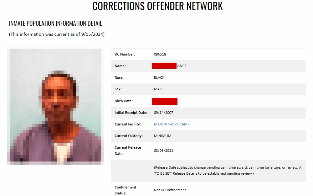 A screenshot from the Florida Department of Corrections' page displays an inmate information record, including an offender's photo and personal details such as name, race, custody status, and release date.