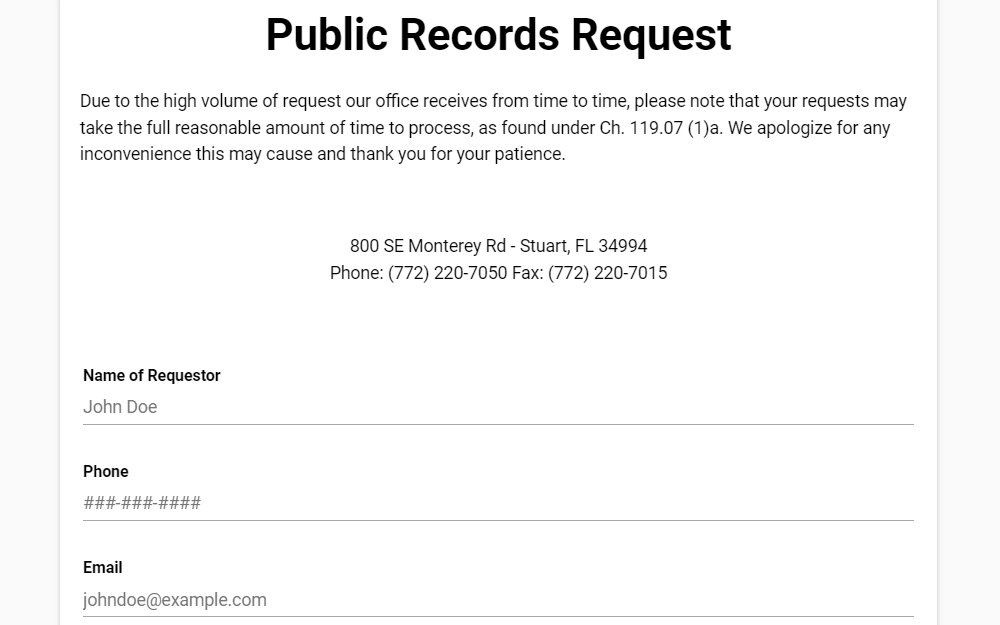 A screenshot of the public records request form displays the MCSO contact information, and fields for the requestor's name, phone number, and email address.